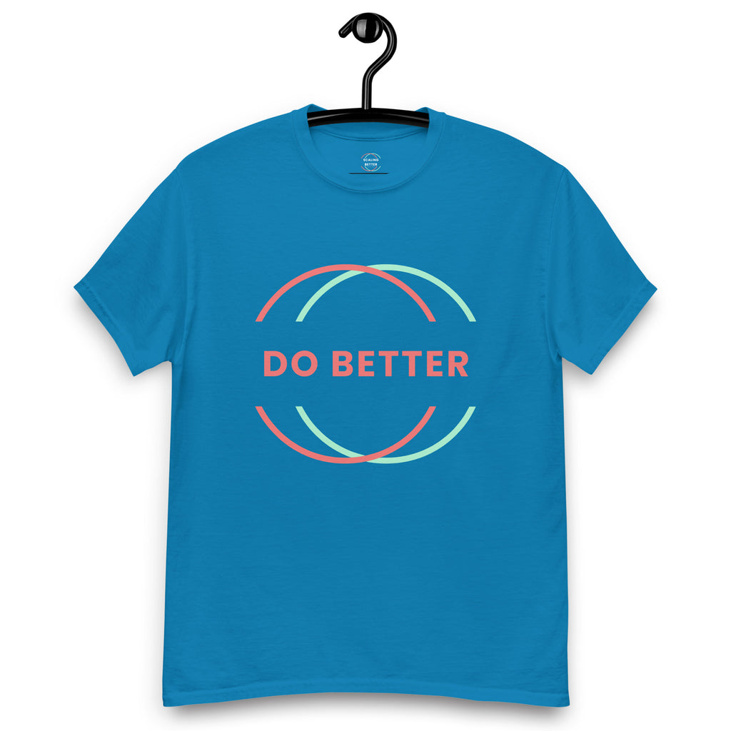 Blue do better motivational tee with colorful circular design and bold text on front