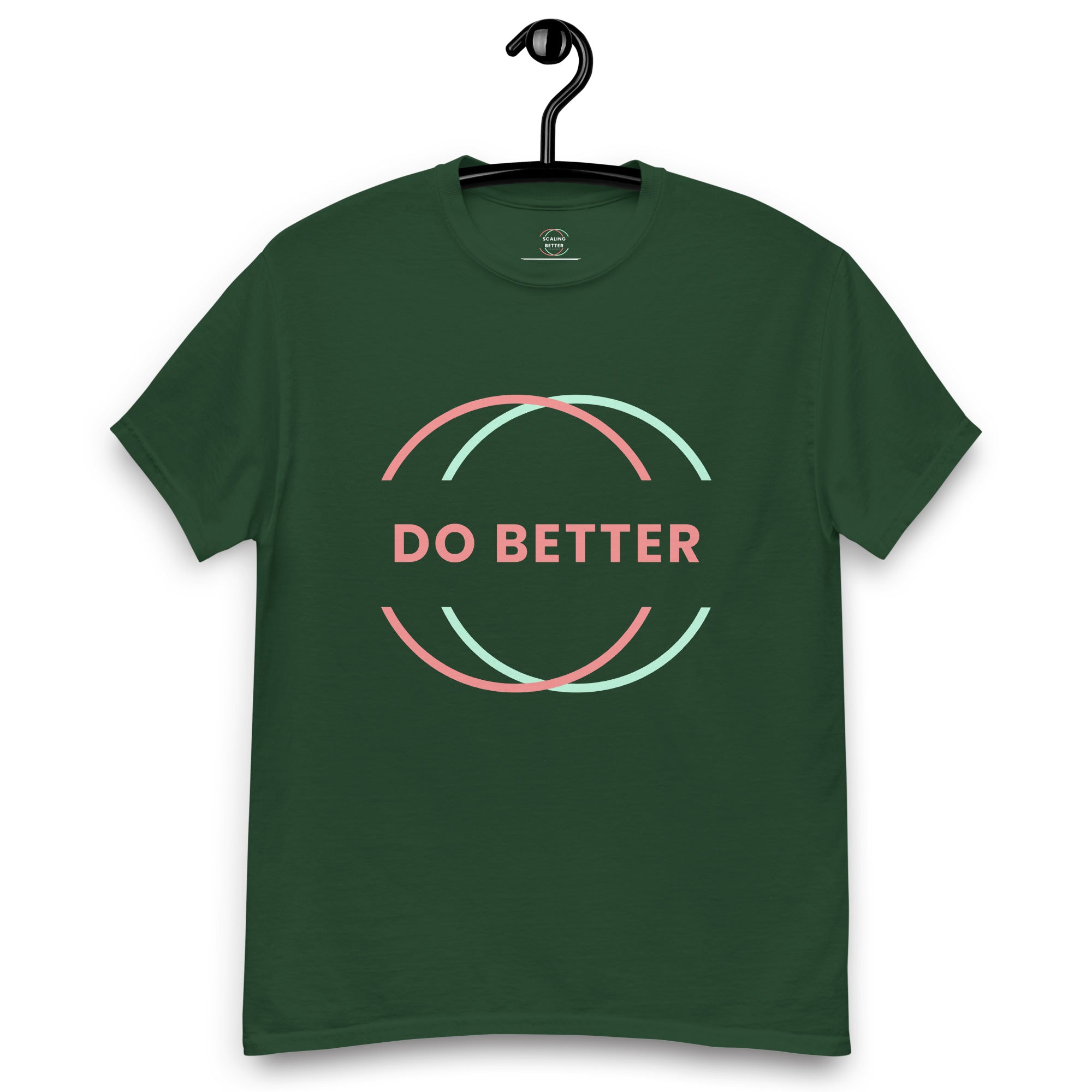 Green do better motivational tee with pink and light green circular graphic design on front