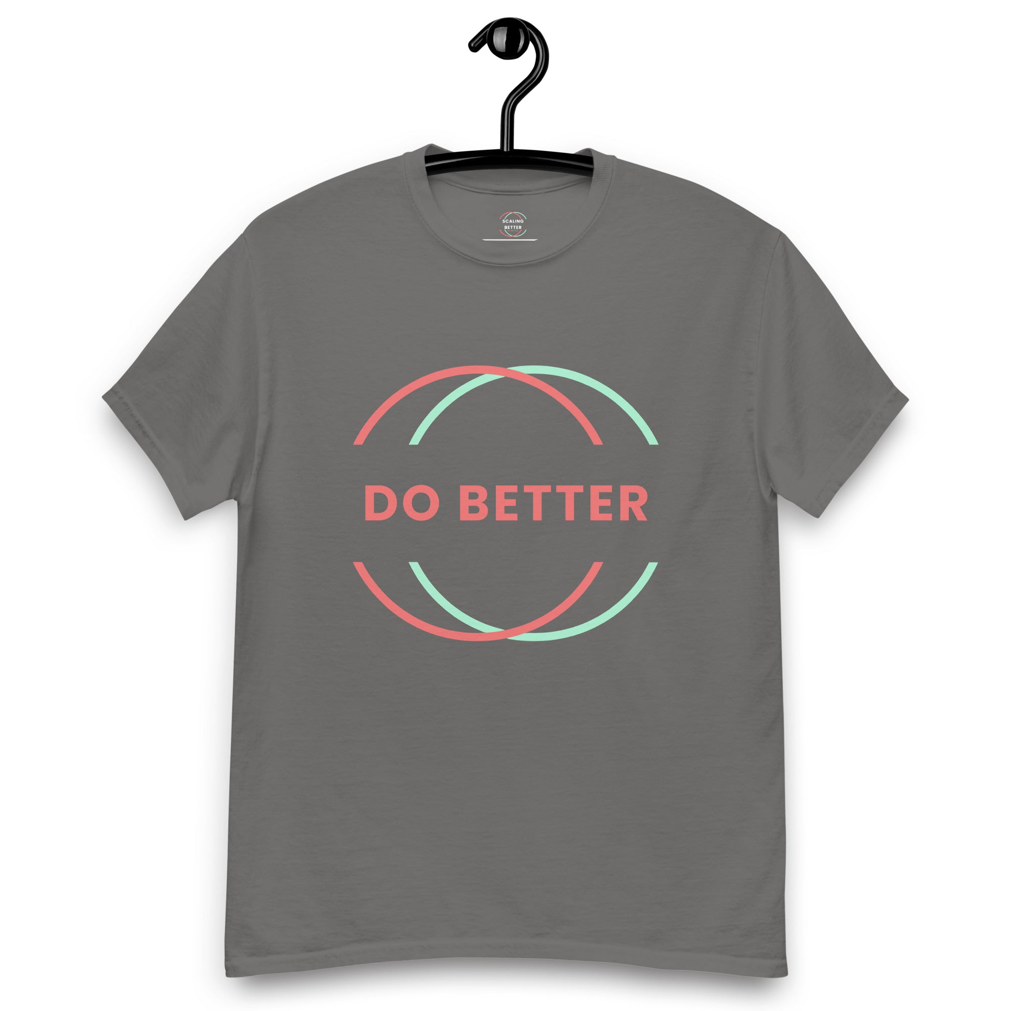Gray do better motivational tee with pink and green circle design on front by Scaling Better