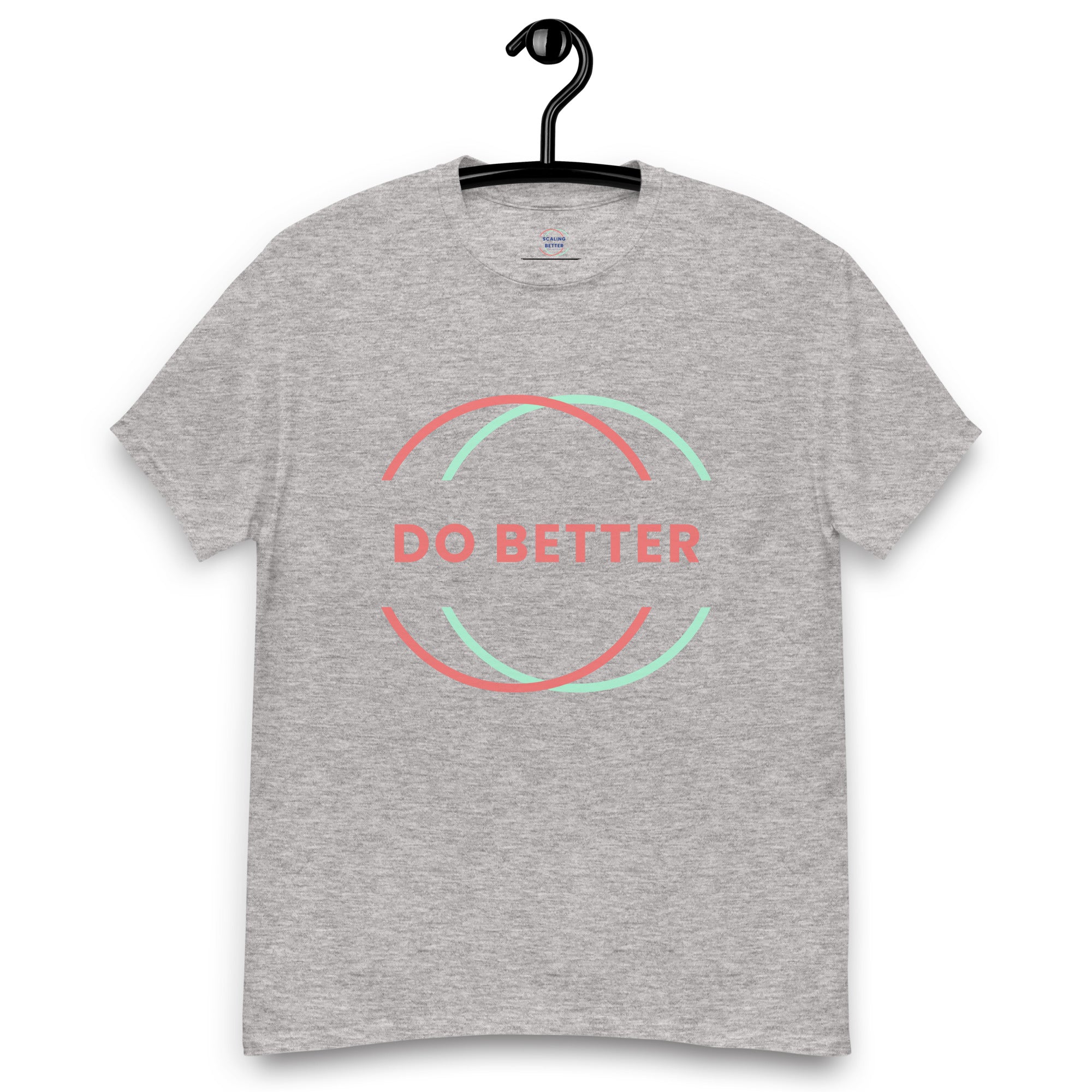 Gray do better motivational tee with red and teal circular design hanging on black hanger