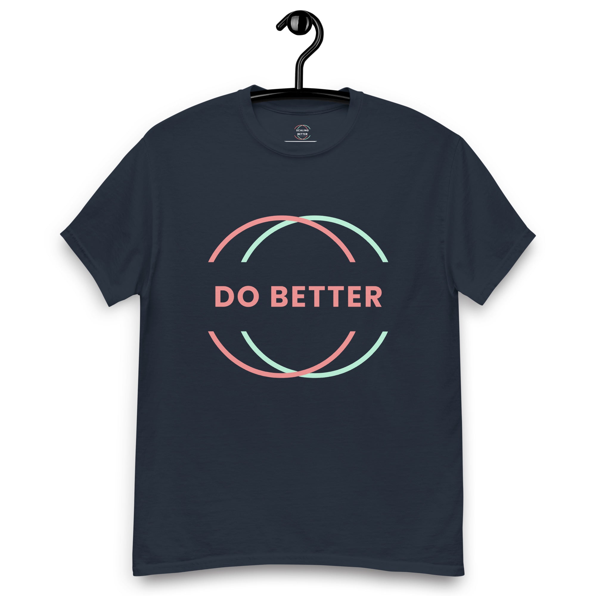 Navy blue do better motivational tee with pink and mint circular design on front