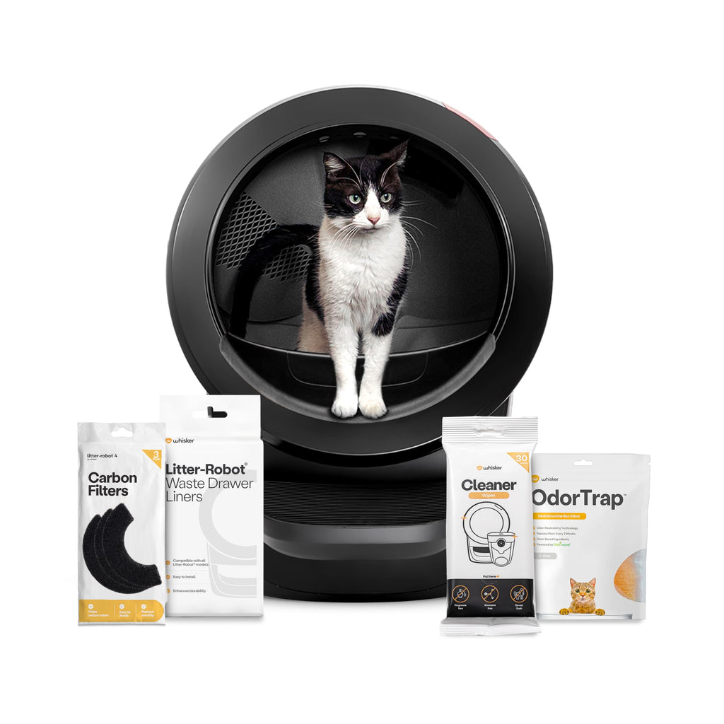 Whisker Litter-Robot 4 supply bundle with black automatic litter box cat inside filters liners cleaner and OdorTrap