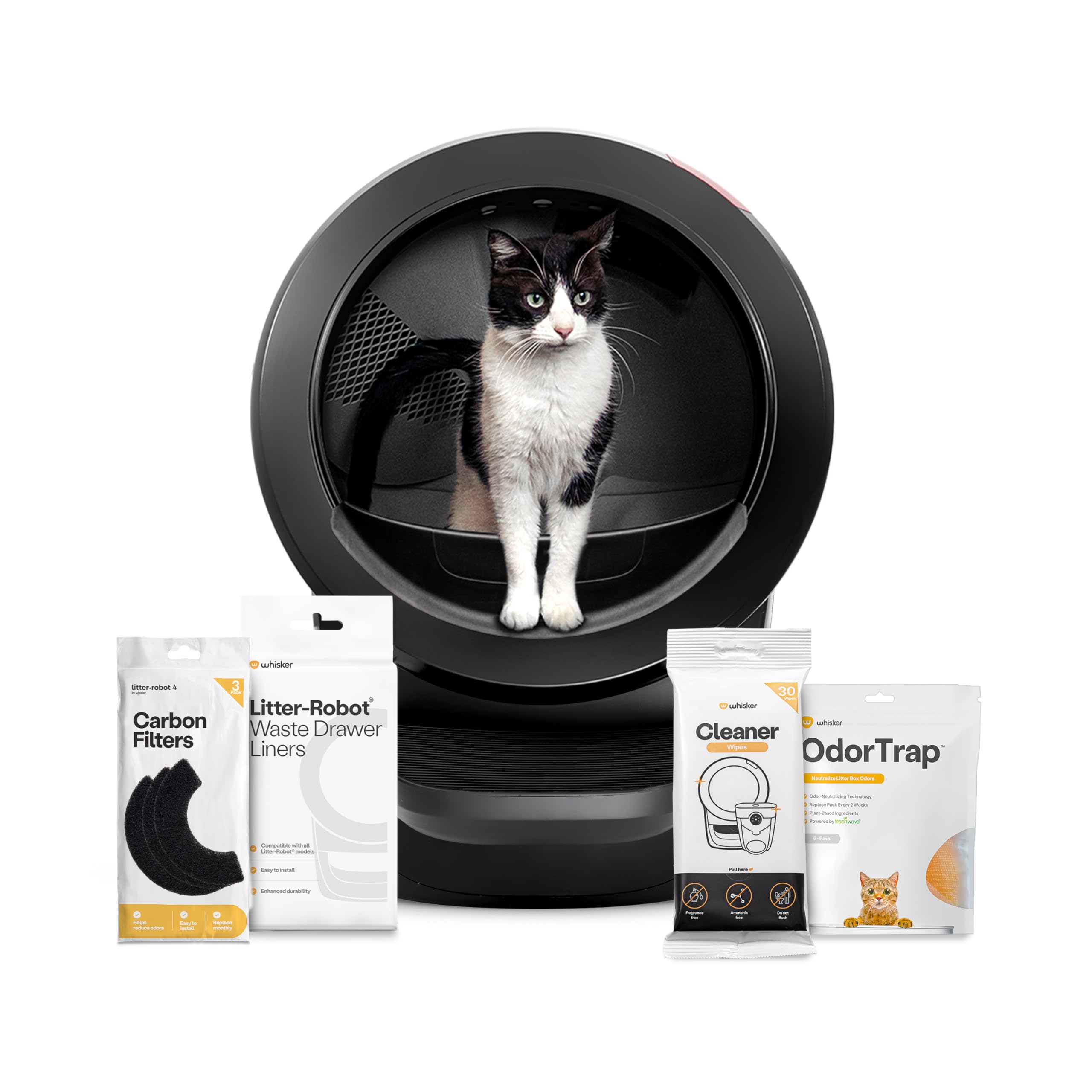 Whisker Litter-Robot 4 supply bundle with black automatic litter box cat inside filters liners cleaner and OdorTrap