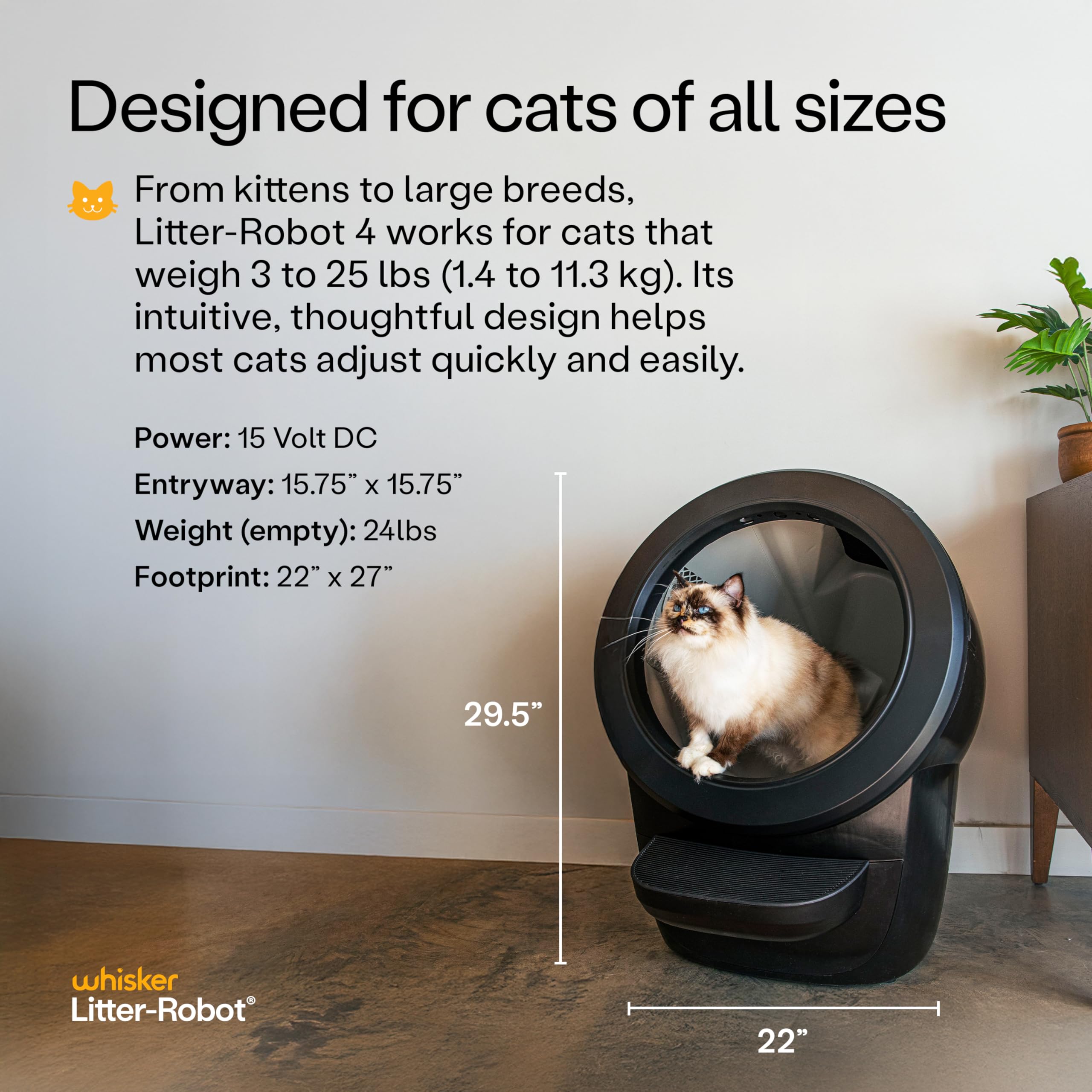 Whisker Litter-Robot 4 supply bundle showing black automatic litter robot with cat and dimensions