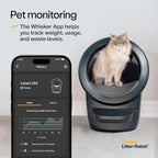 Whisker Litter-Robot 4 supply bundle image showing cat in Litter-Robot and phone with app monitoring