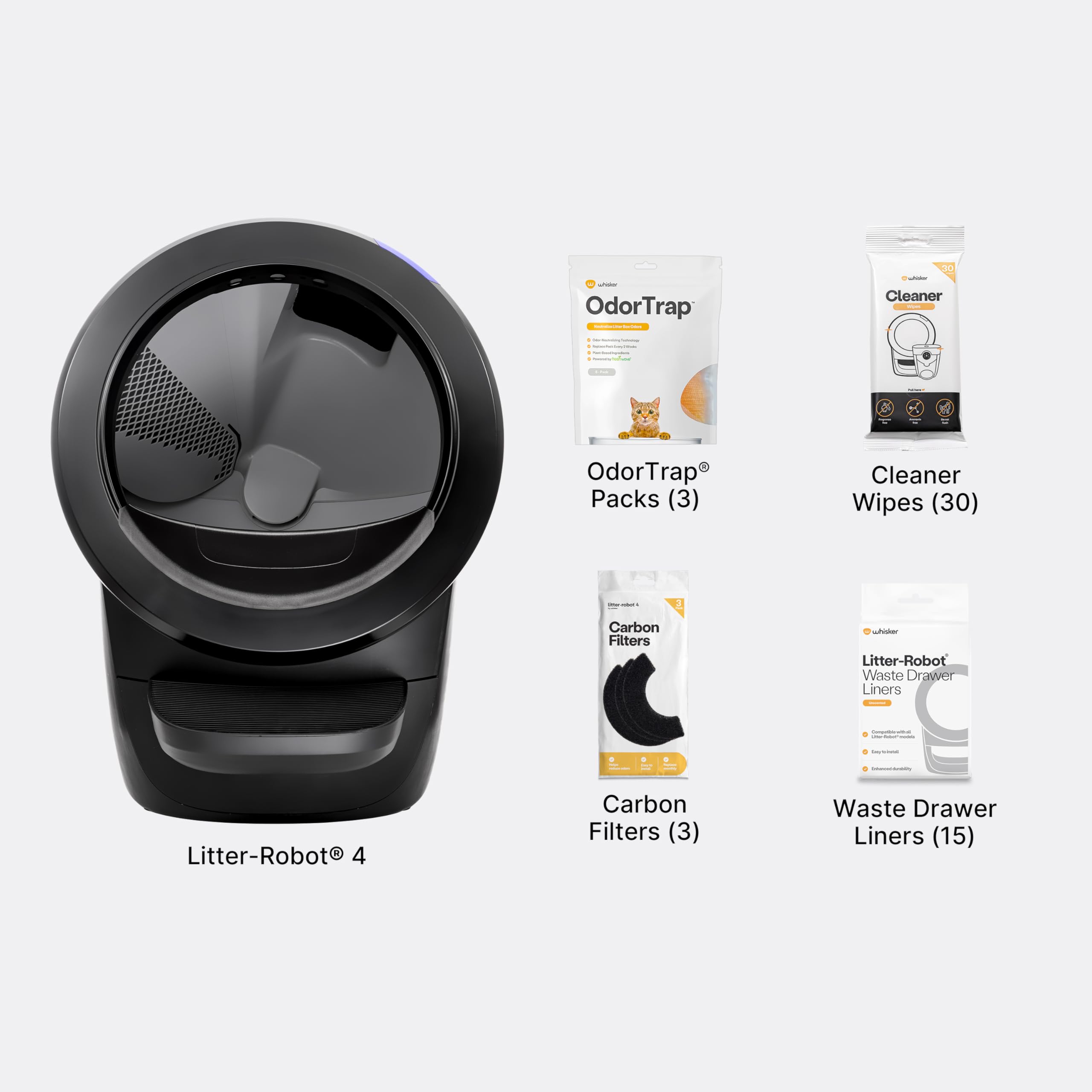 Whisker Litter-Robot 4 supply bundle featuring OdorTrap packs carbon filters cleaner wipes and waste drawer liners